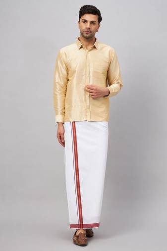 Men'S Gold And White Silk Blend Shirt And Mundu