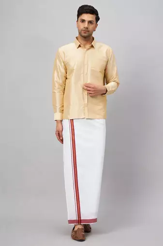 Men'S Gold And White Silk Blend Shirt And Mundu