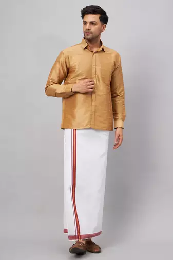 Men'S Rose Gold And White Silk Blend Shirt And Mundu