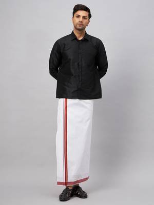 Men'S Black And White Silk Blend Shirt And Mundu 1