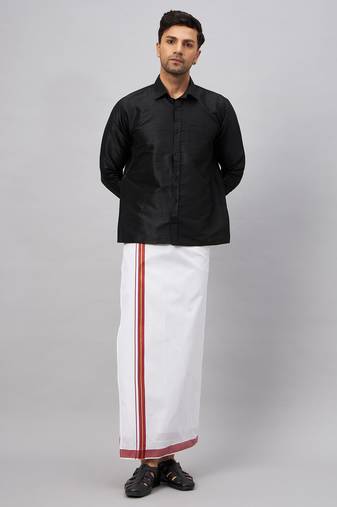 Men'S Black And White Silk Blend Shirt And Mundu