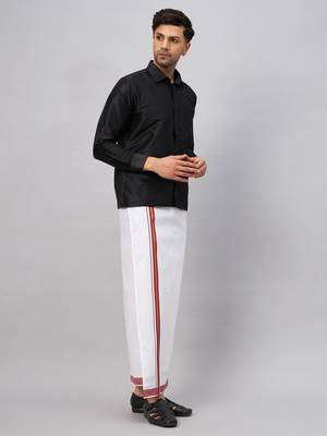 Men'S Black And White Silk Blend Shirt And Mundu 2