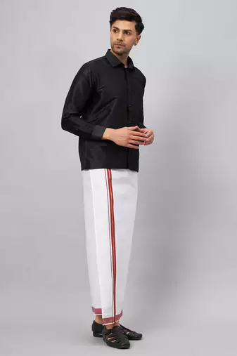 Men'S Black And White Silk Blend Shirt And Mundu