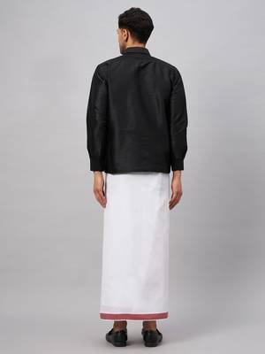 Men'S Black And White Silk Blend Shirt And Mundu 3