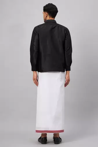 Men'S Black And White Silk Blend Shirt And Mundu