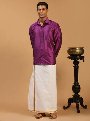  purple and white silk blend shirt and mundu 1