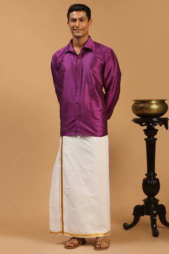  men's purple and white silk blend shirt and mundu
