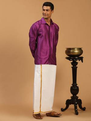  purple and white silk blend shirt and mundu 2