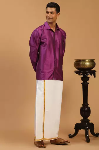  purple and white silk blend shirt and mundu