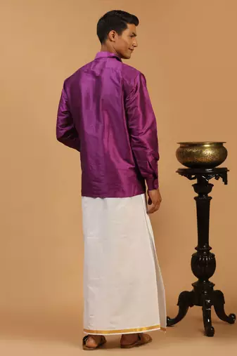  purple and white silk blend shirt and mundu