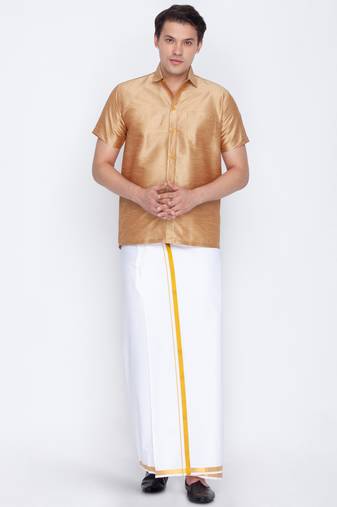  men's rose gold and white silk blend shirt and mundu