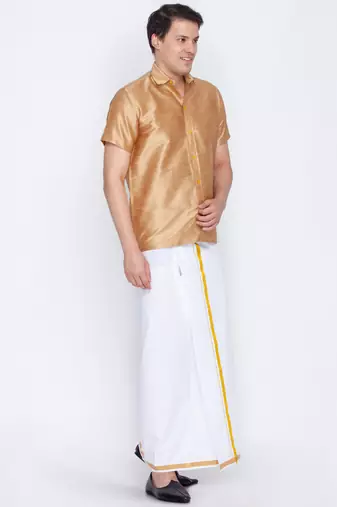  rose gold and white silk blend shirt and mundu