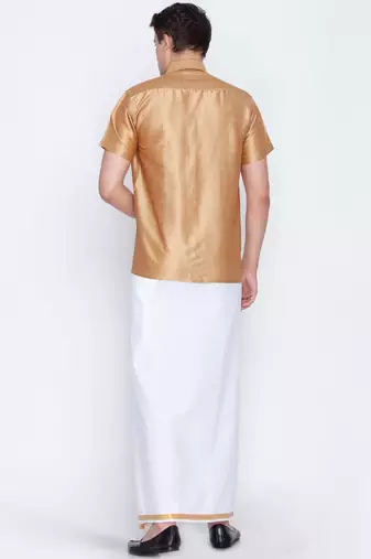  rose gold and white silk blend shirt and mundu