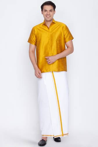  men's mustard yellow and white silk blend shirt and mundu