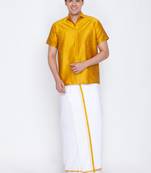  mustard yellow and white silk blend shirt and mundu