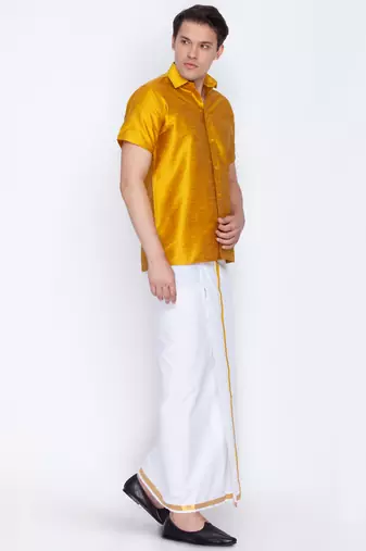  mustard yellow and white silk blend shirt and mundu