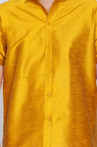  mustard yellow and white silk blend shirt and mundu