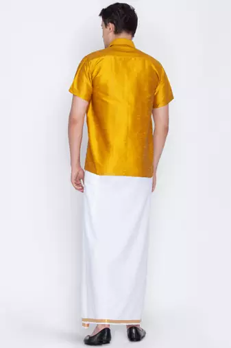  mustard yellow and white silk blend shirt and mundu