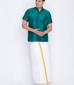  green and white silk blend shirt and mundu