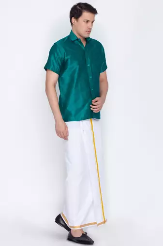  green and white silk blend shirt and mundu
