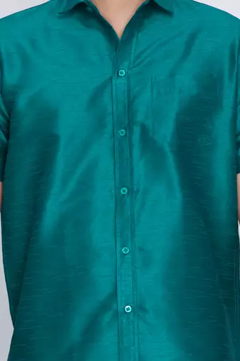  green and white silk blend shirt and mundu
