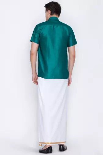  green and white silk blend shirt and mundu