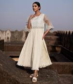 Beige hand crushed silk zardosi embroidered maxi dress