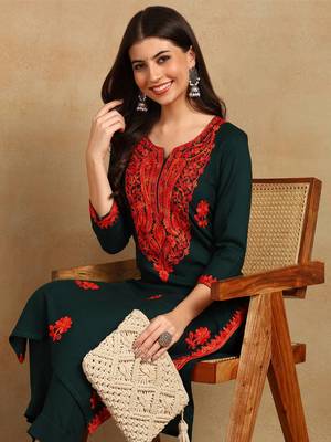 women green viscose rayon embroidered thread work straight kurta 2