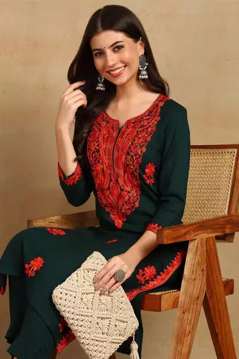 women green viscose rayon embroidered thread work straight kurta