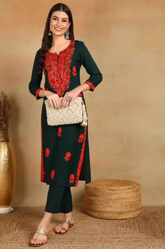 women green viscose rayon embroidered thread work straight kurta