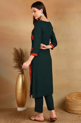 women green viscose rayon embroidered thread work straight kurta