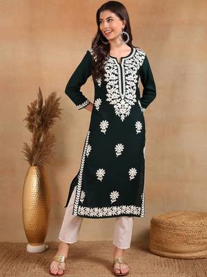women green rayon blend solid embroidered chikankari straight Only Kurta 1