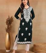 women green rayon blend solid embroidered chikankari straight Only Kurta