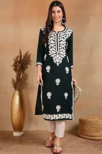 women green rayon blend solid embroidered chikankari straight Only Kurta