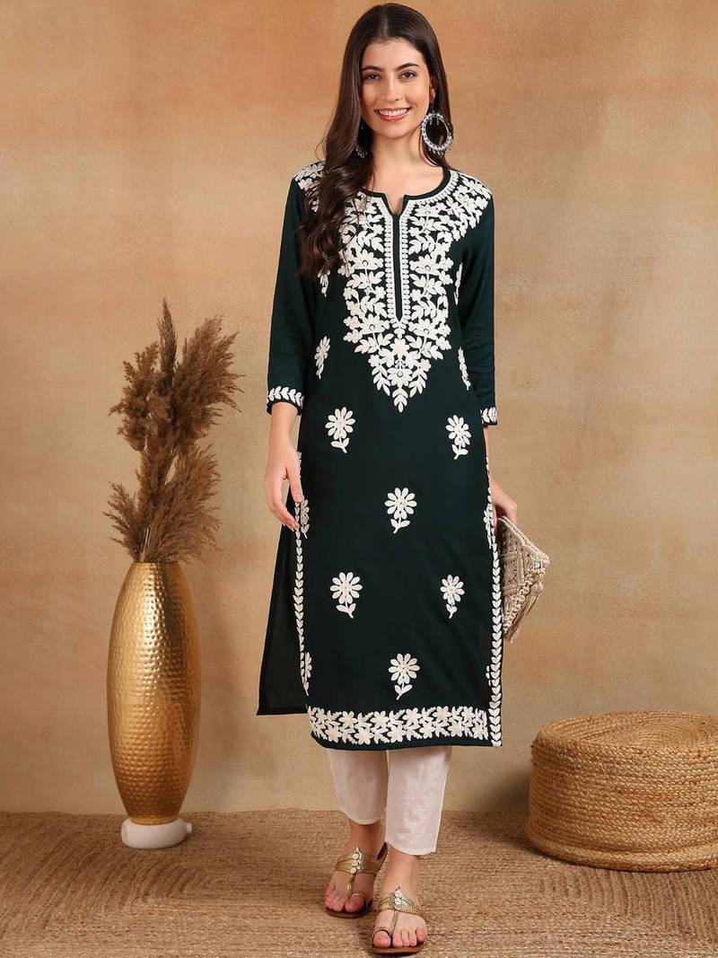 women green rayon blend solid embroidered chikankari straight Only Kurta