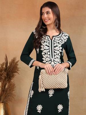 women green rayon blend solid embroidered chikankari straight Only Kurta 3