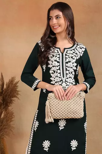women green rayon blend solid embroidered chikankari straight Only Kurta