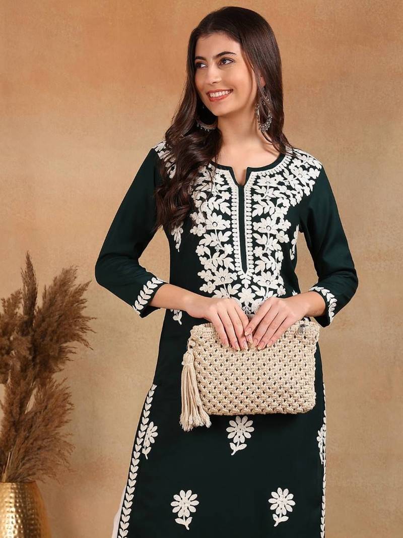 women green rayon blend solid embroidered chikankari straight Only Kurta