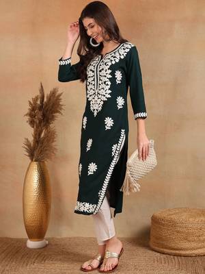 women green rayon blend solid embroidered chikankari straight Only Kurta 4