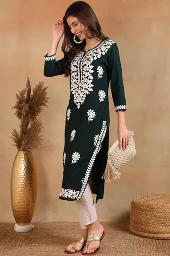 women green rayon blend solid embroidered chikankari straight Only Kurta