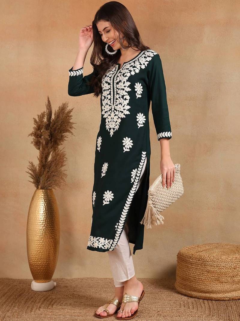 women green rayon blend solid embroidered chikankari straight Only Kurta