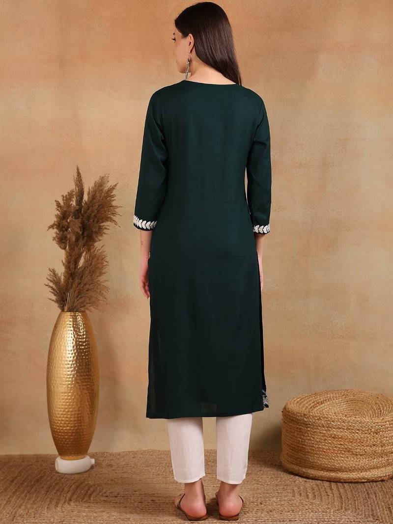 women green rayon blend solid embroidered chikankari straight Only Kurta