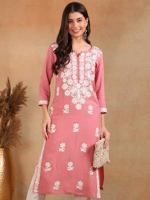 pink rayon blend solid embroidered chikankari straight kurta 1