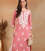 pink rayon blend solid embroidered chikankari straight kurta