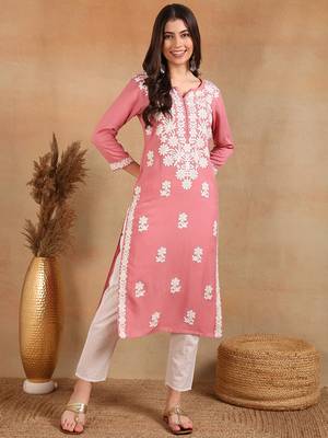 pink rayon blend solid embroidered chikankari straight kurta 2