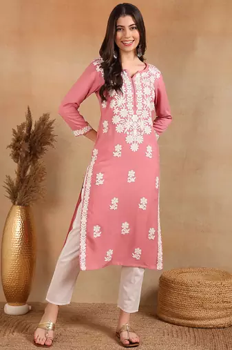 pink rayon blend solid embroidered chikankari straight kurta