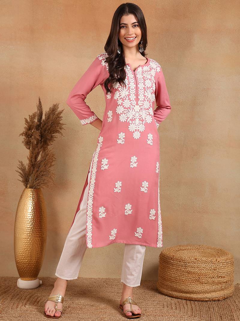 pink rayon blend solid embroidered chikankari straight kurta
