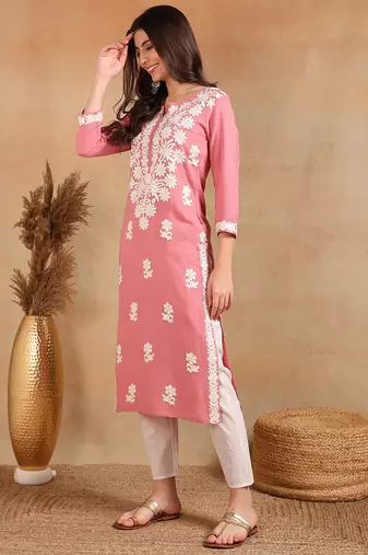 pink rayon blend solid embroidered chikankari straight kurta