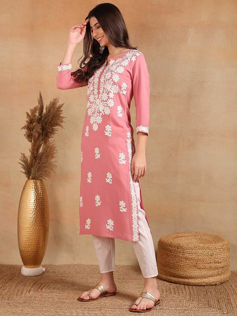 pink rayon blend solid embroidered chikankari straight kurta