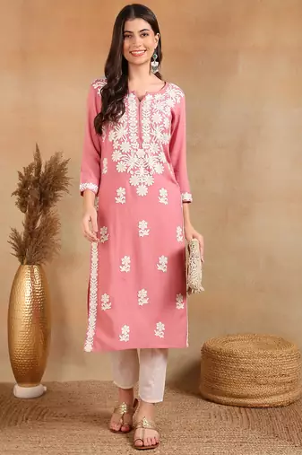 pink rayon blend solid embroidered chikankari straight kurta